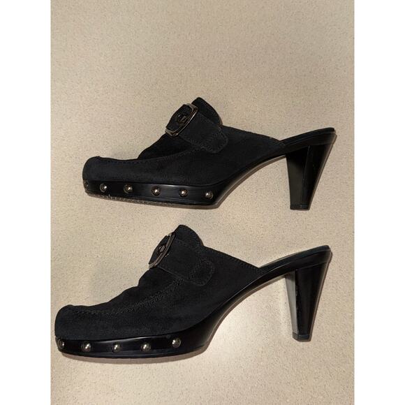 Y2K Stuart Weitzman Black Suede Heeled Studded Buckle Heeled Mules Size 7.5 - Picture 2 of 9